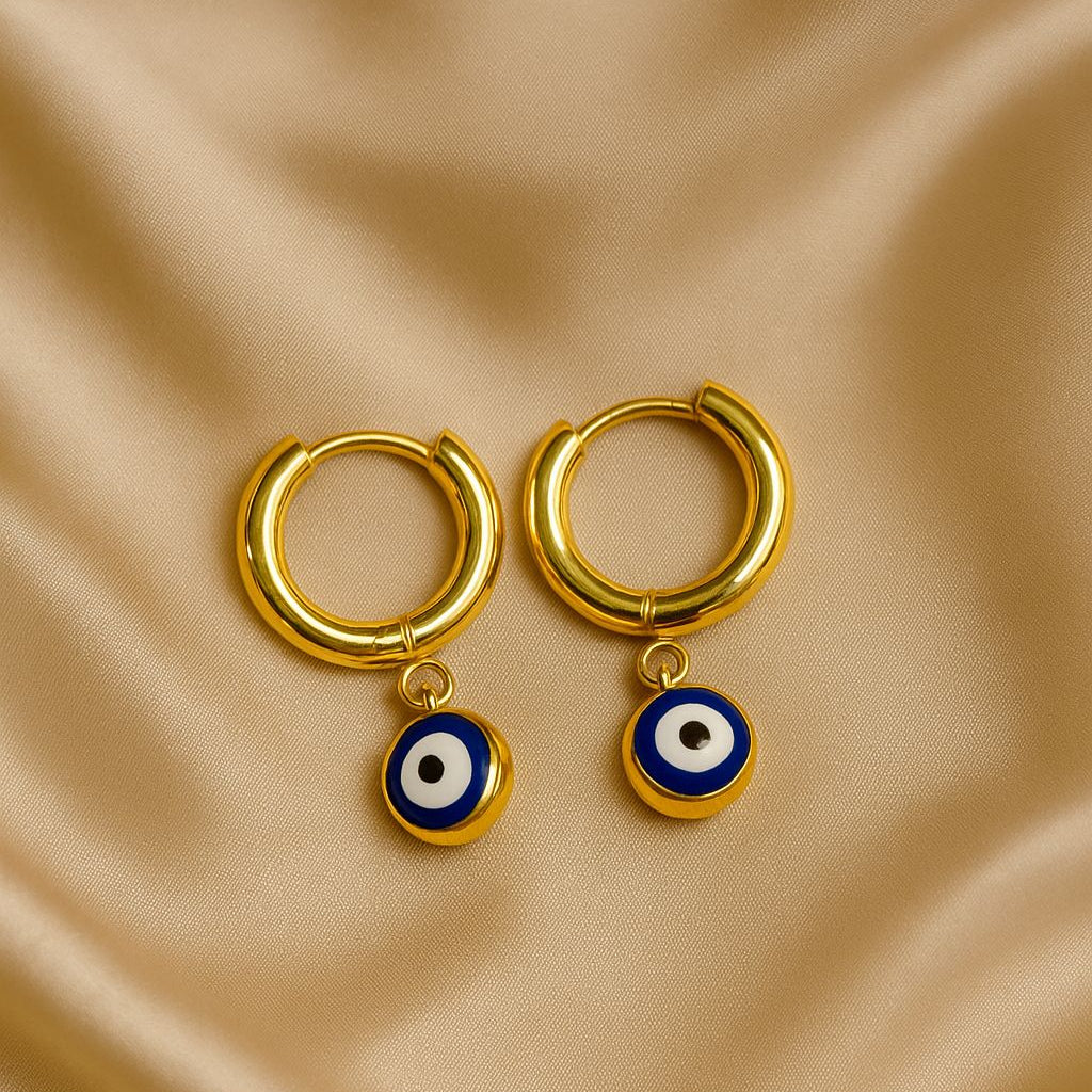Gold Evil Eye Hoop Earrings – Blue Enamel Protection Charm
