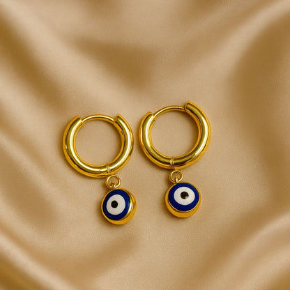 Gold Evil Eye Hoop Earrings – Blue Enamel Protection Charm