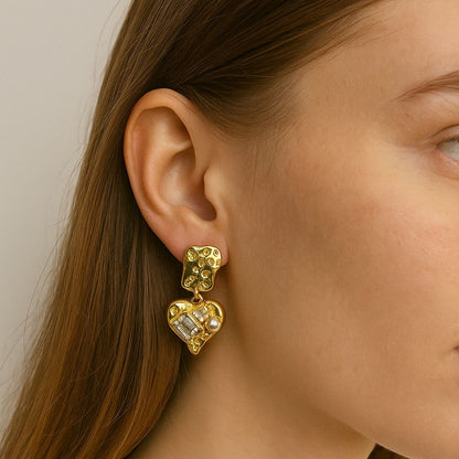 Vintage Textured Gold Heart Drop Earrings with Crystal & Pearl Accents