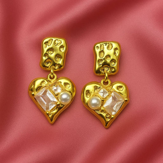 Vintage Textured Gold Heart Drop Earrings with Crystal & Pearl Accents