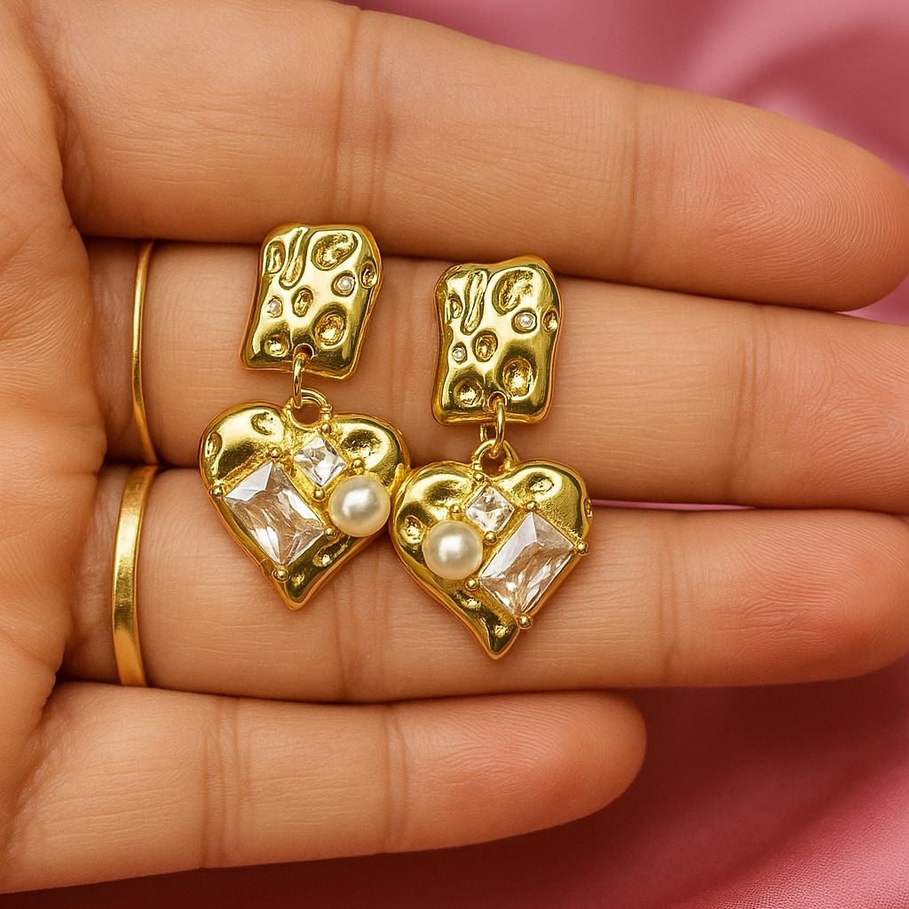 Vintage Textured Gold Heart Drop Earrings with Crystal & Pearl Accents