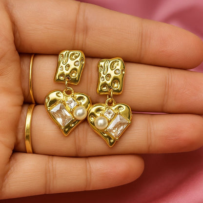 Vintage Textured Gold Heart Drop Earrings with Crystal & Pearl Accents