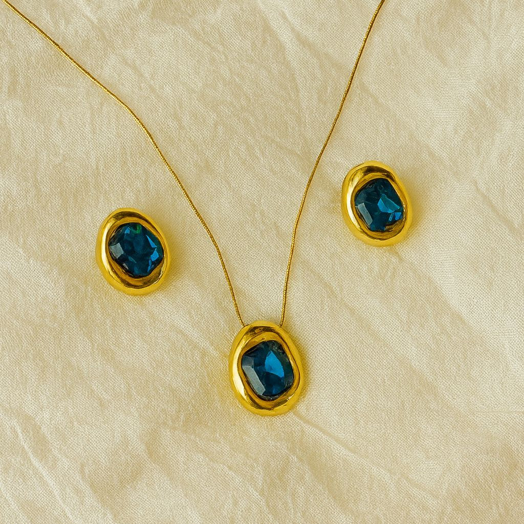 Blue Oval Gemstone Necklace & Earring Set – Gold-Plated | RIVYARA Jewels