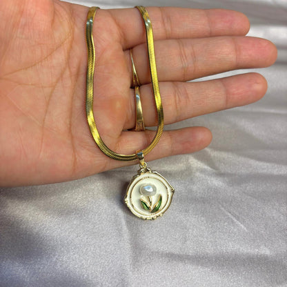 Golden Floral Pearl Medallion Necklace