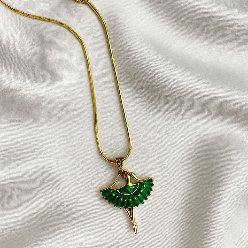 Gold Ballerina Pendant Necklace with Green Gemstone Skirt