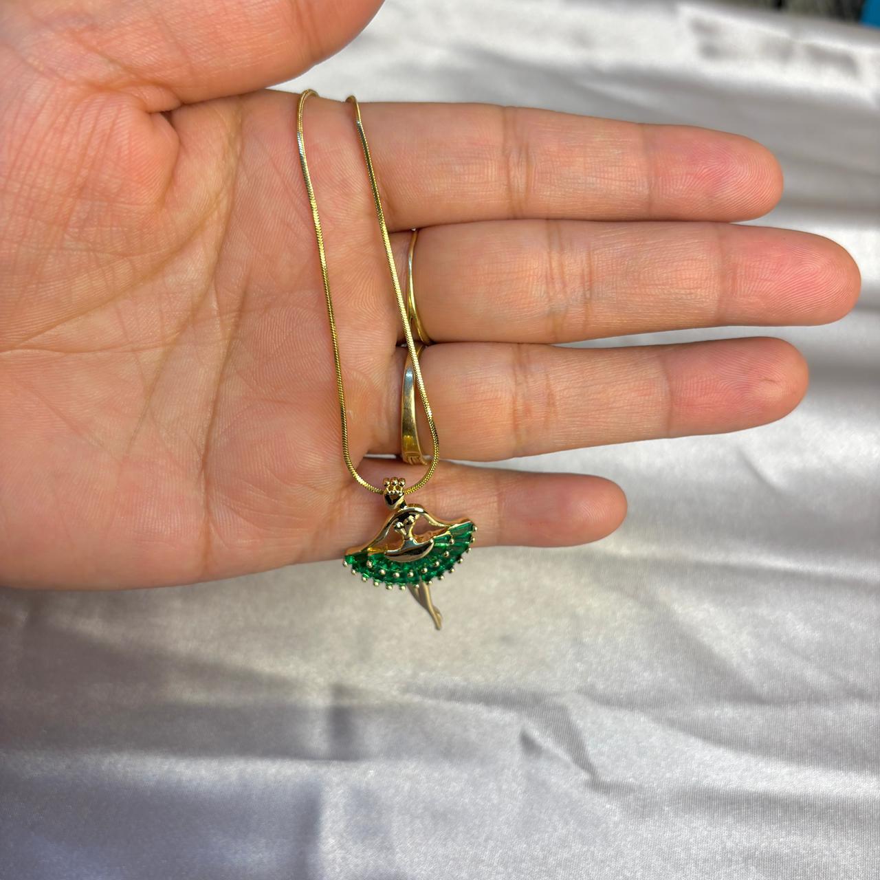Gold Ballerina Pendant Necklace with Green Gemstone Skirt