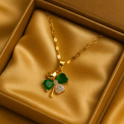 Emerald Clover Heart Gold Pendant Necklace