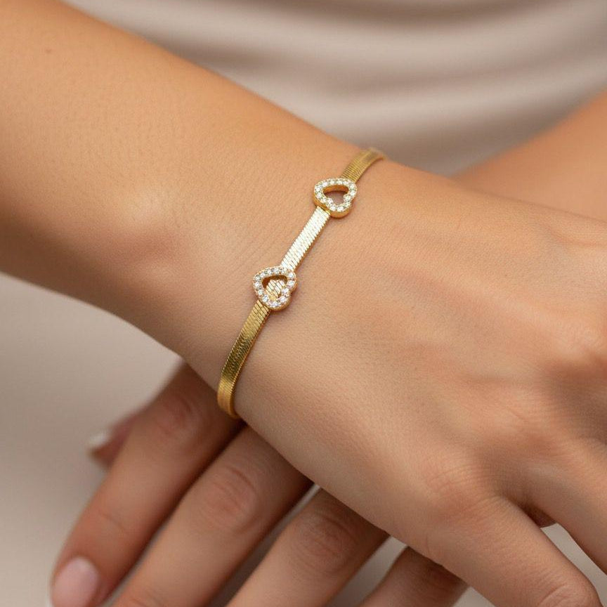Gold Pavé Heart Charm Mesh Bracelet