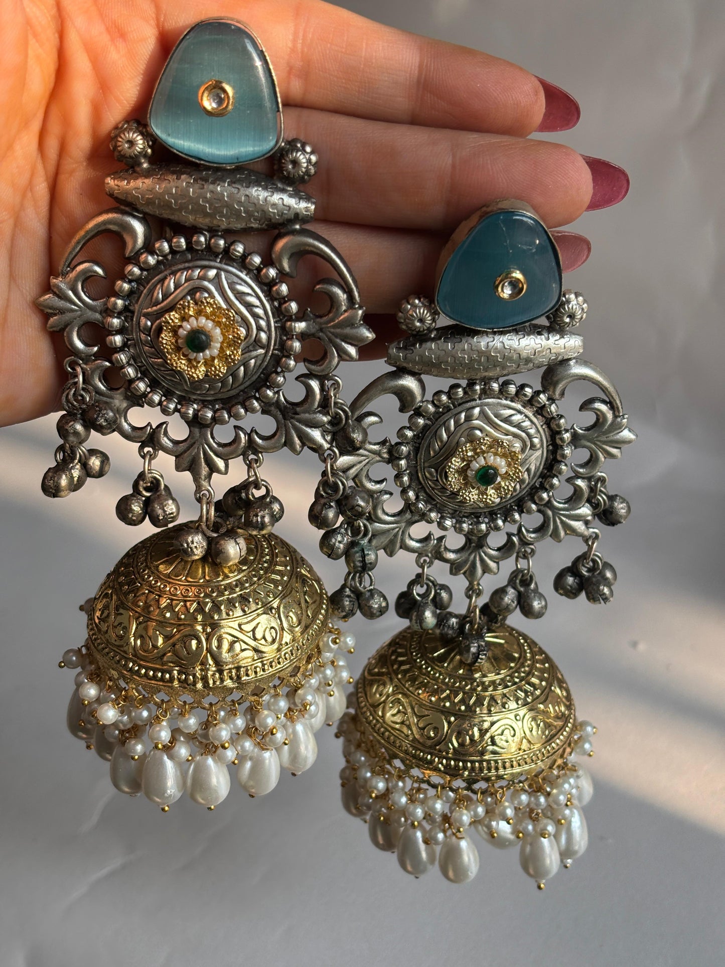 Dual-Tone Aqua Stone Temple Jhumka Earrings
