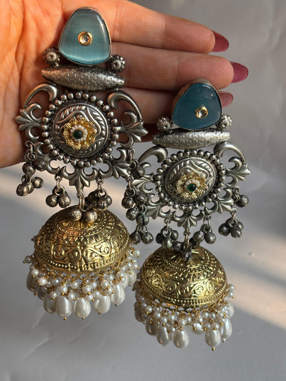 Dual-Tone Aqua Stone Temple Jhumka Earrings