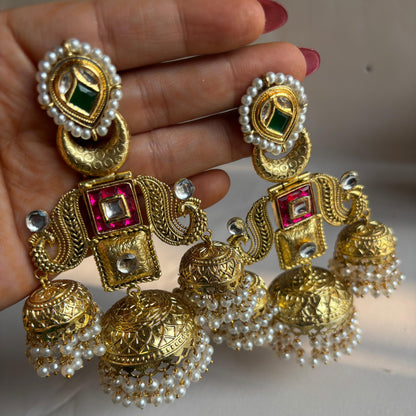 Majestic Kundan Pearl Triple-Jhumka Chandbali Earrings