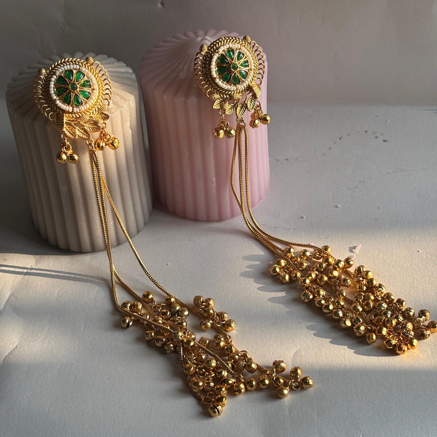 Green Floral Long Ghungroo Chain Jhumka Earrings
