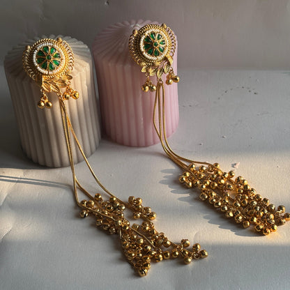Green Floral Long Ghungroo Chain Jhumka Earrings