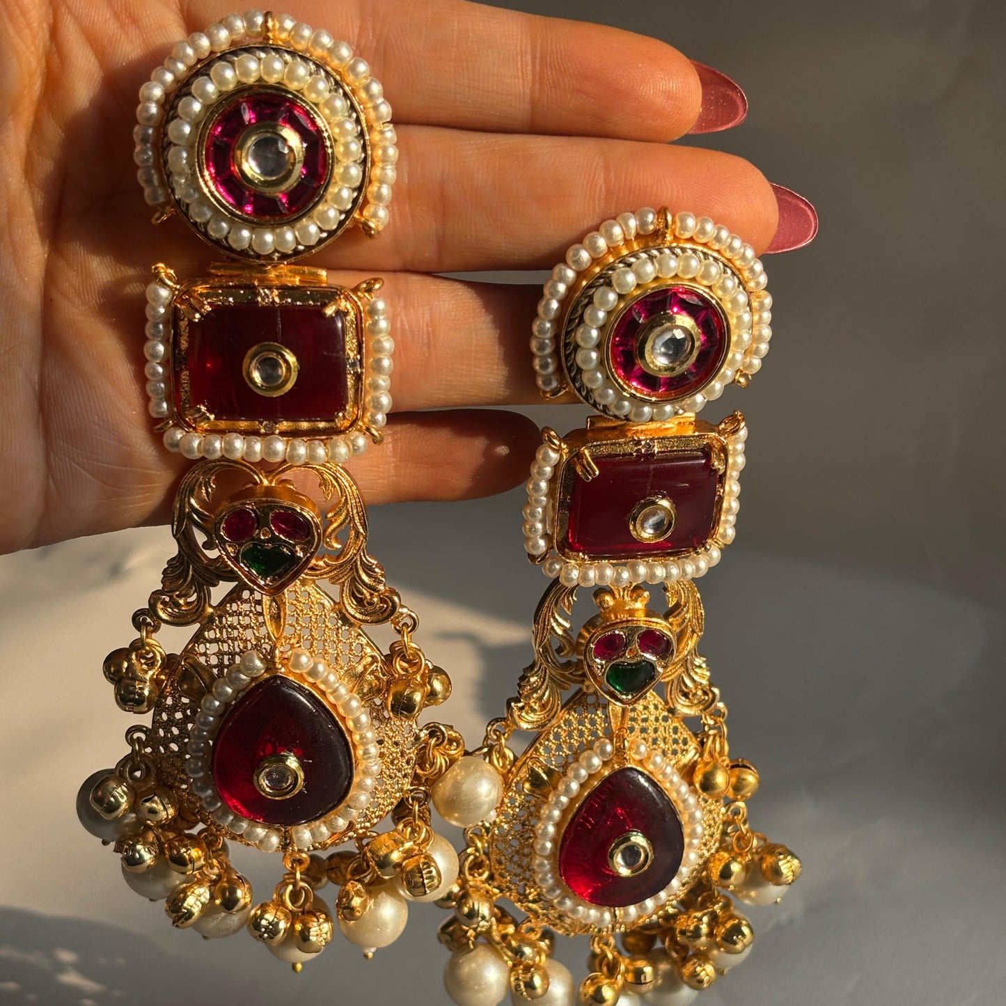 Ruby Kundan Pearl Statement Jhumka Earrings