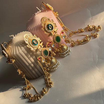 Heritage Emerald Kundan Jhumka Earrings with Layered Ghungroo Chains