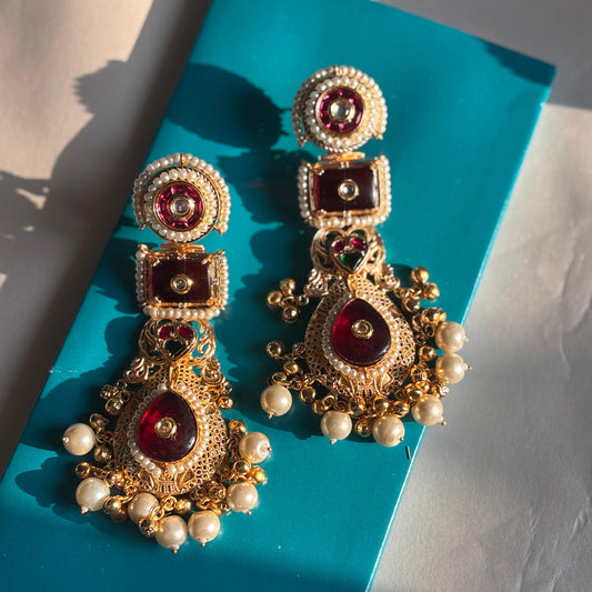 Ruby Kundan Pearl Statement Jhumka Earrings