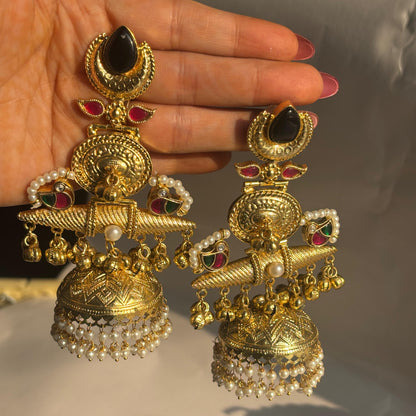 Antique Black Stone Temple Jhumka Earrings