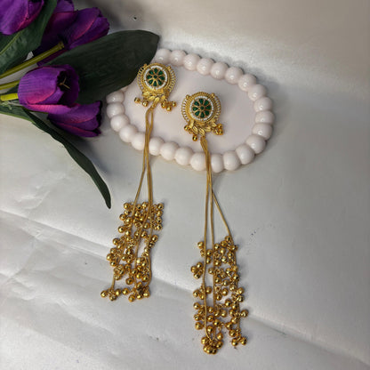 Green Floral Long Ghungroo Chain Jhumka Earrings