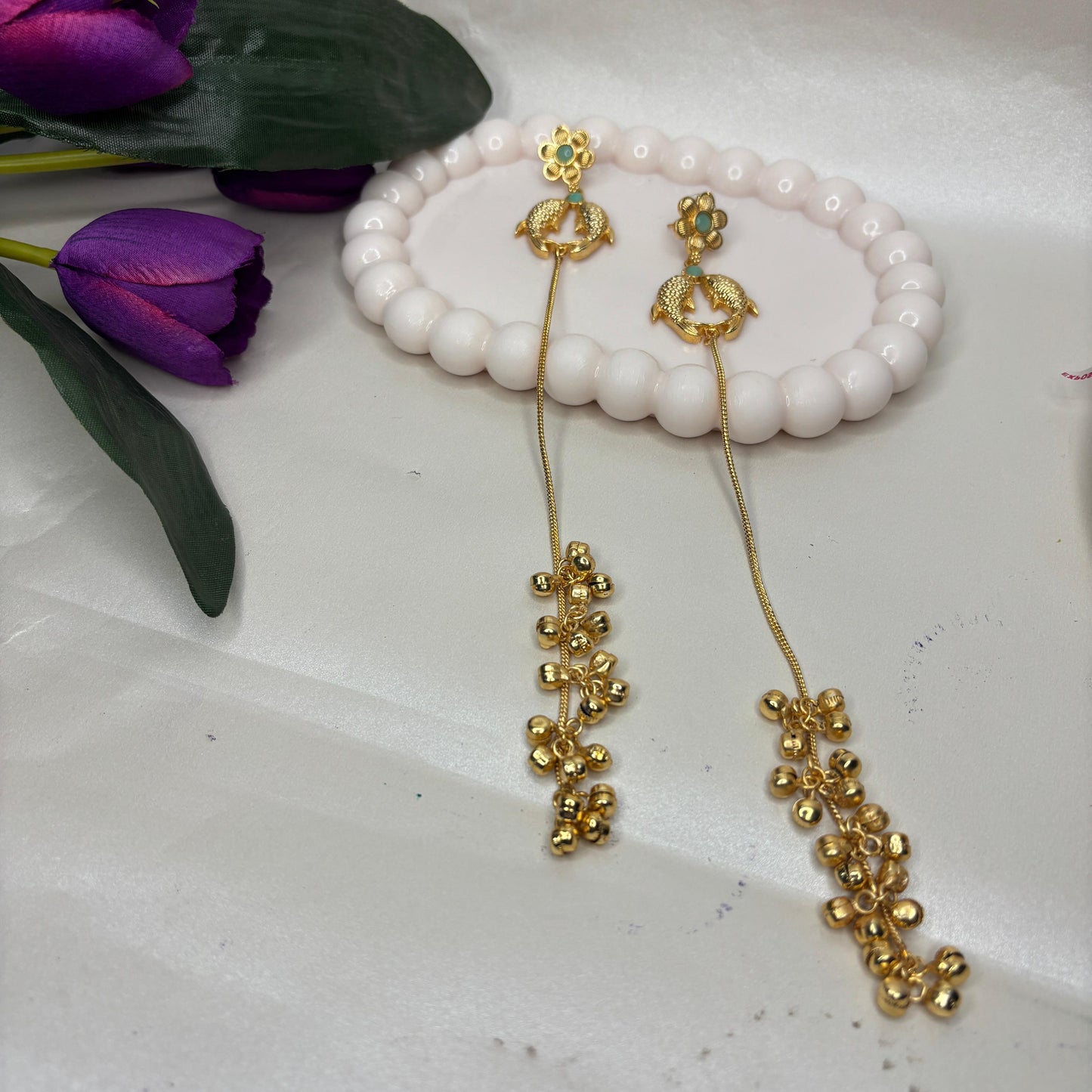 Gold-Plated Floral Long Dangler Earrings