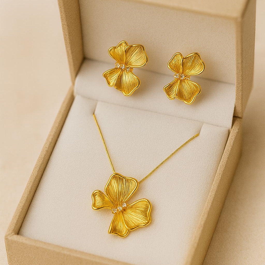 Gold Floral Pendant & Earrings Jewelry Set