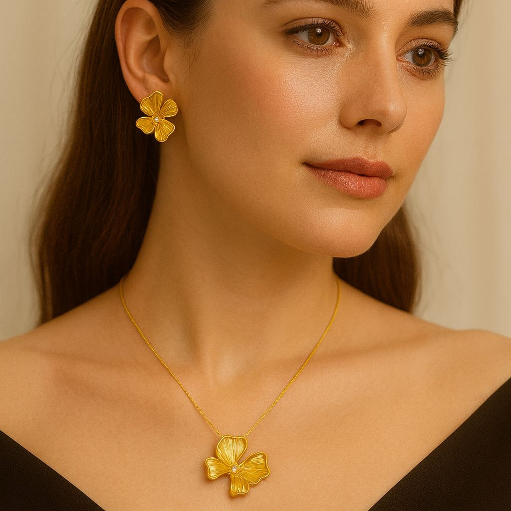 Gold Floral Pendant & Earrings Jewelry Set