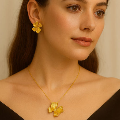 Gold Floral Pendant & Earrings Jewelry Set