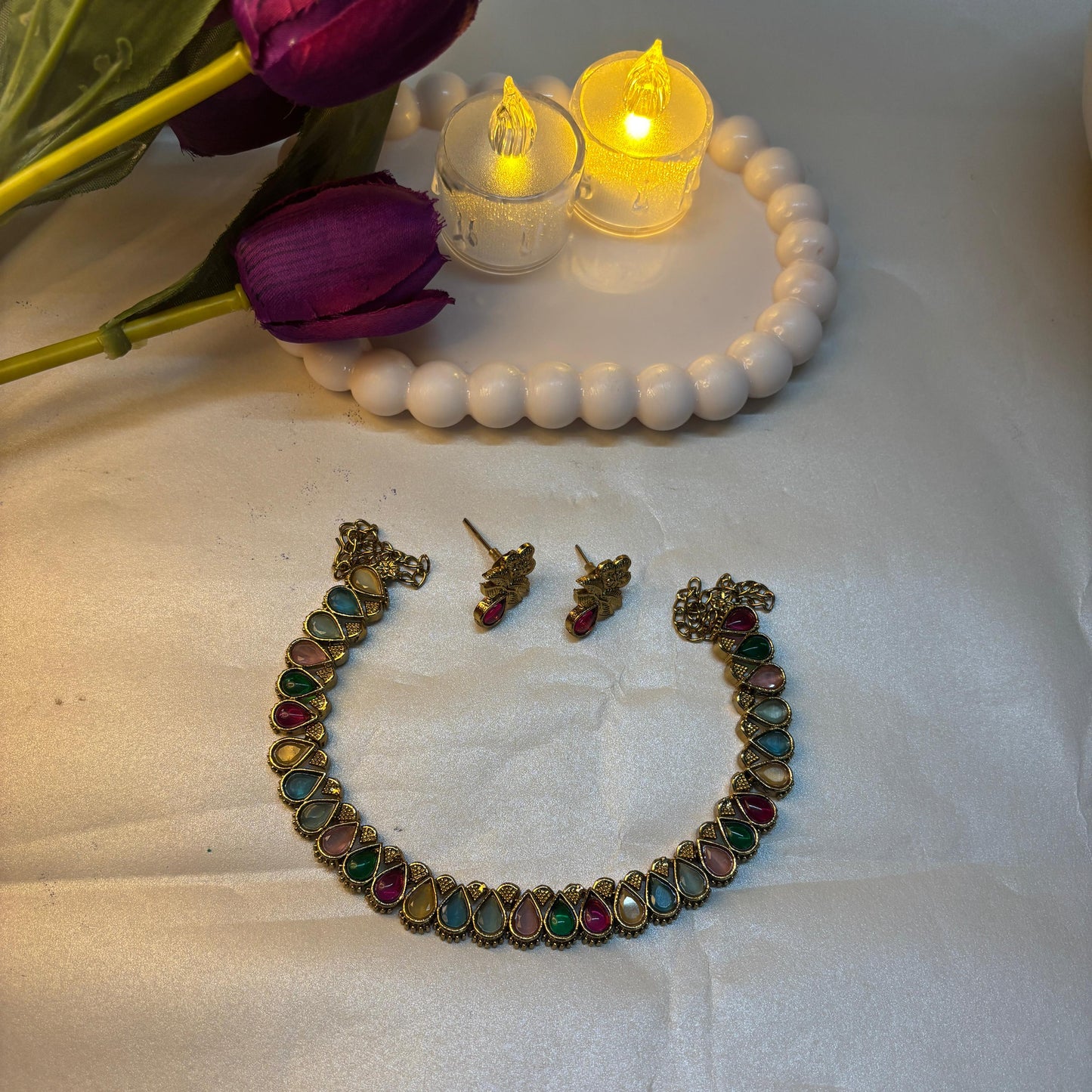 Multicolour Teardrop Stone Necklace Set