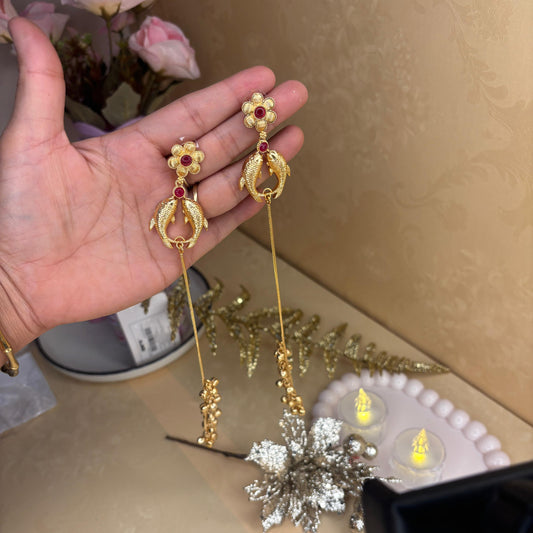 Gold-Plated Floral Fish Motif Long Dangler Earrings