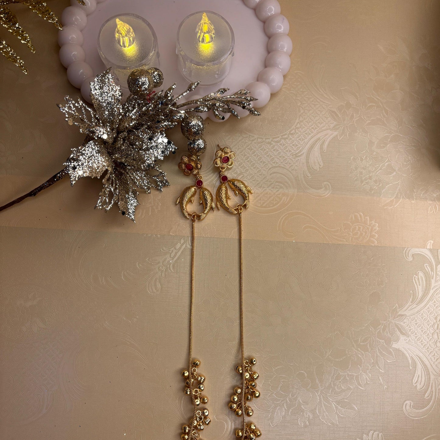 Gold-Plated Floral Fish Motif Long Dangler Earrings