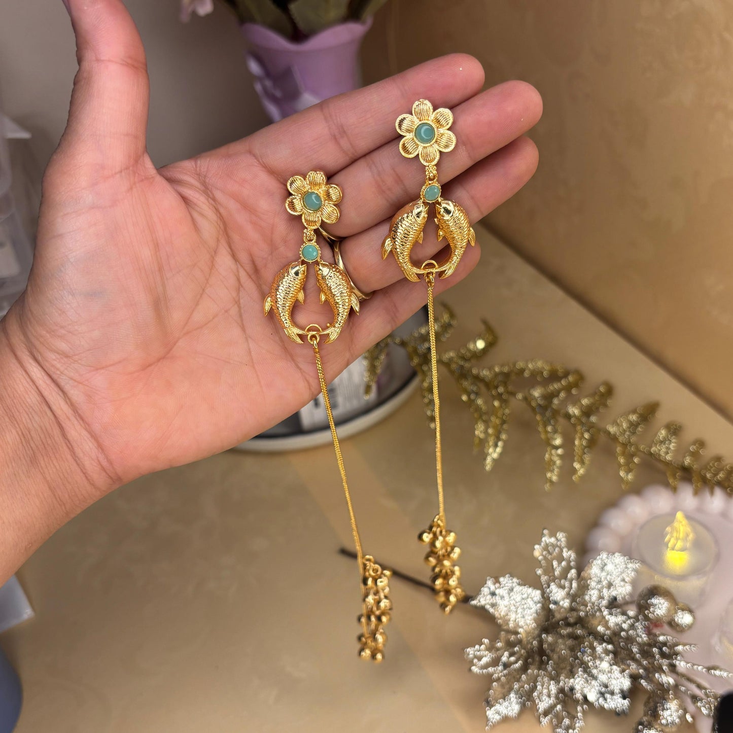 Gold-Plated Floral Long Dangler Earrings