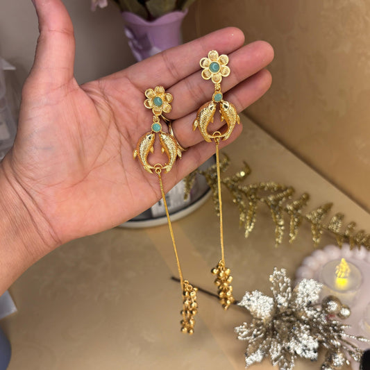 Gold-Plated Floral Long Dangler Earrings
