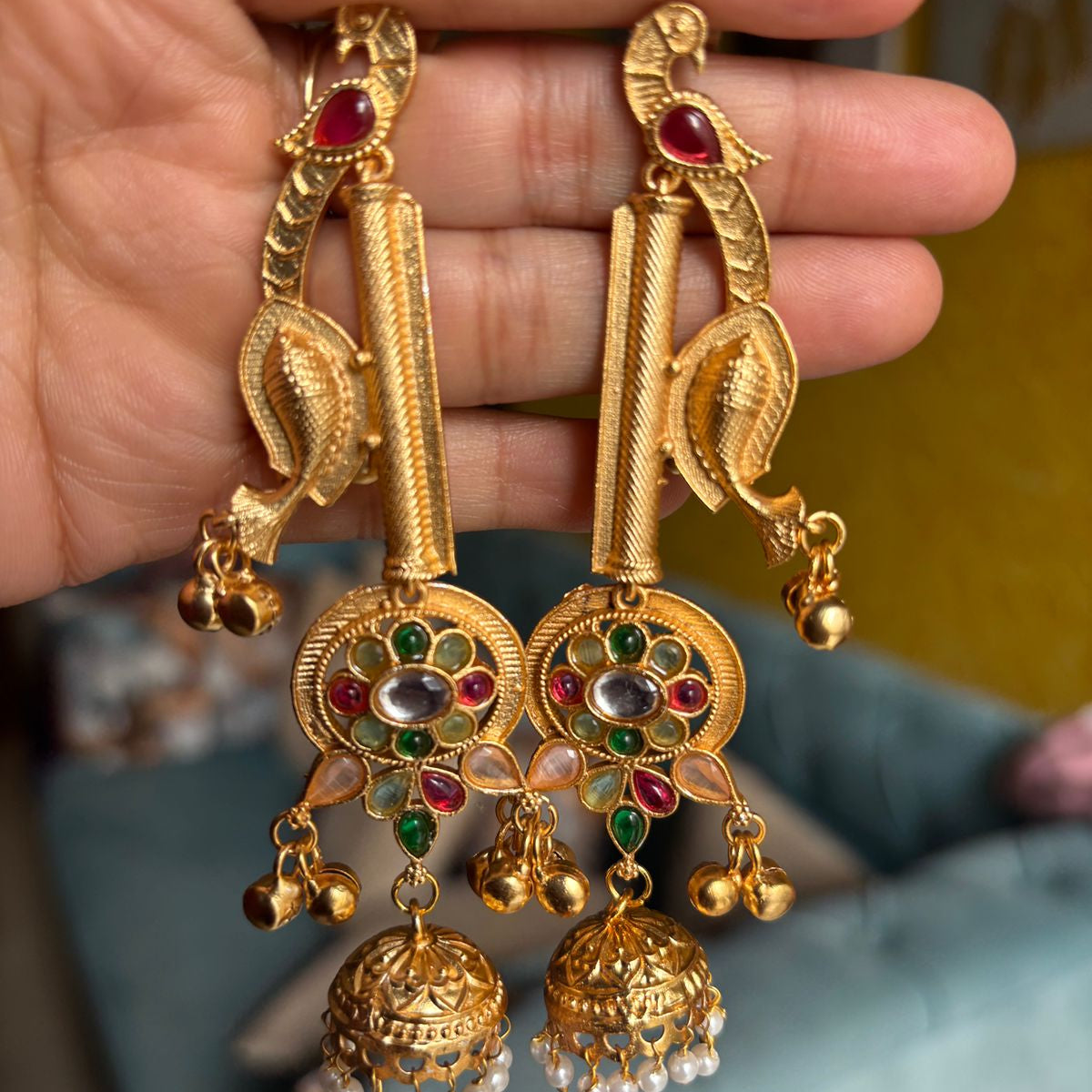 Royal Peacock Long Jhumka Earrings