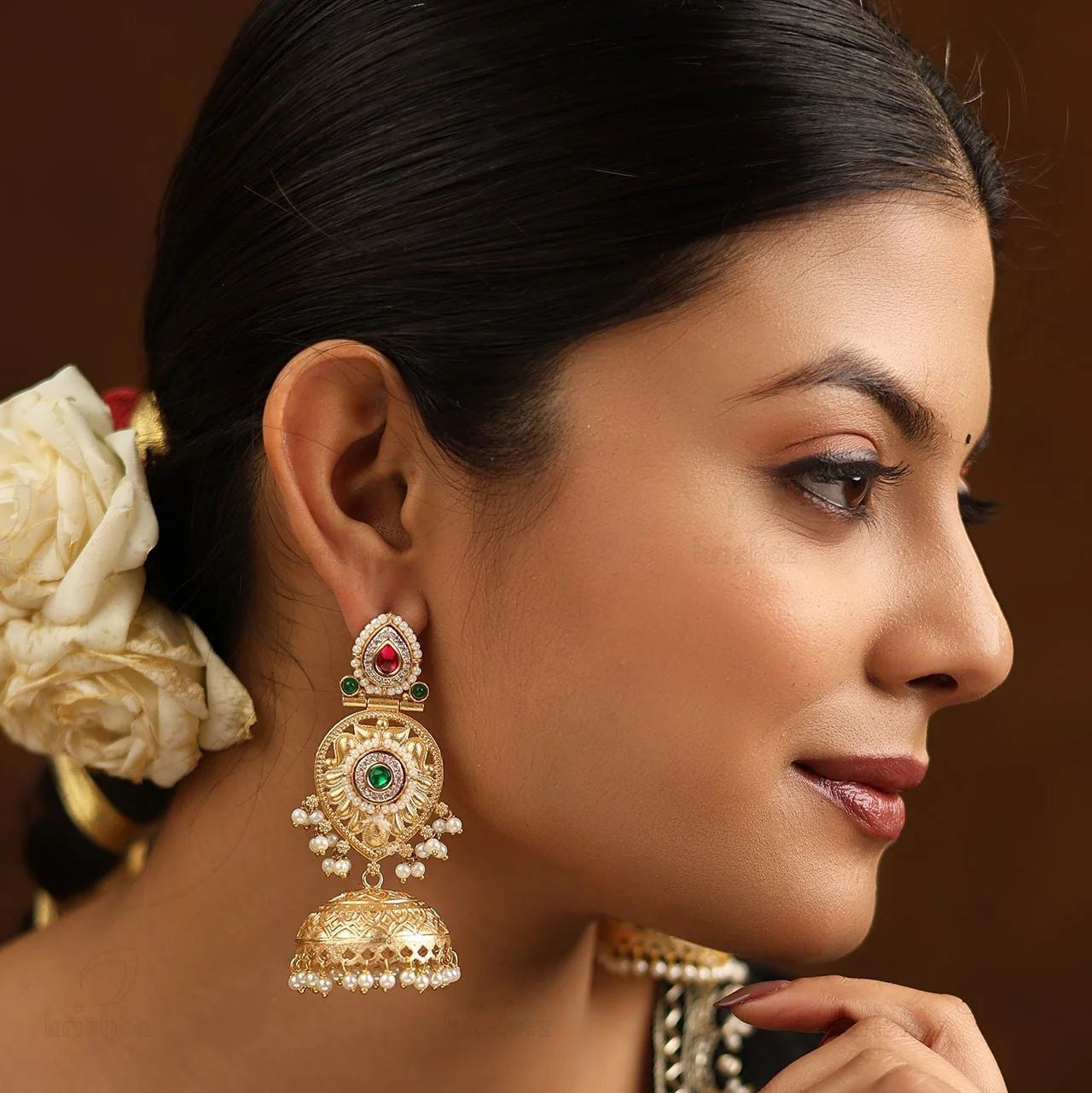 Royal Pearl Jhumka Earrings with Red & Green Stones