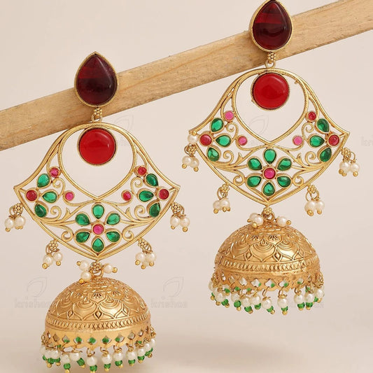 Red & Green Kundan Gold-Plated Jhumka Earrings with Pearl Drops