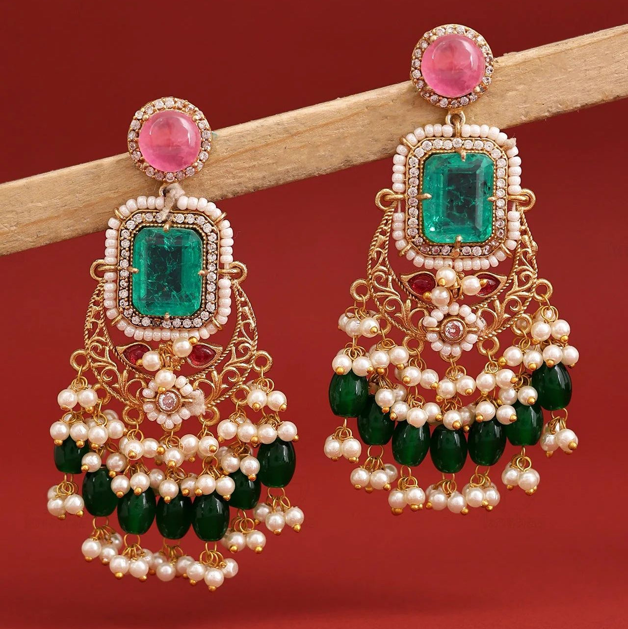 Emerald Green Kundan Earrings with Pink Stone & Pearl Bead Drops