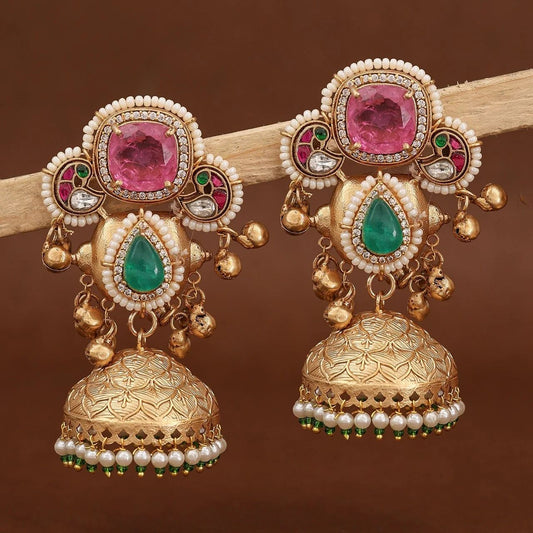 Pink & Emerald Kundan Jhumka Earrings with Pearl Border
