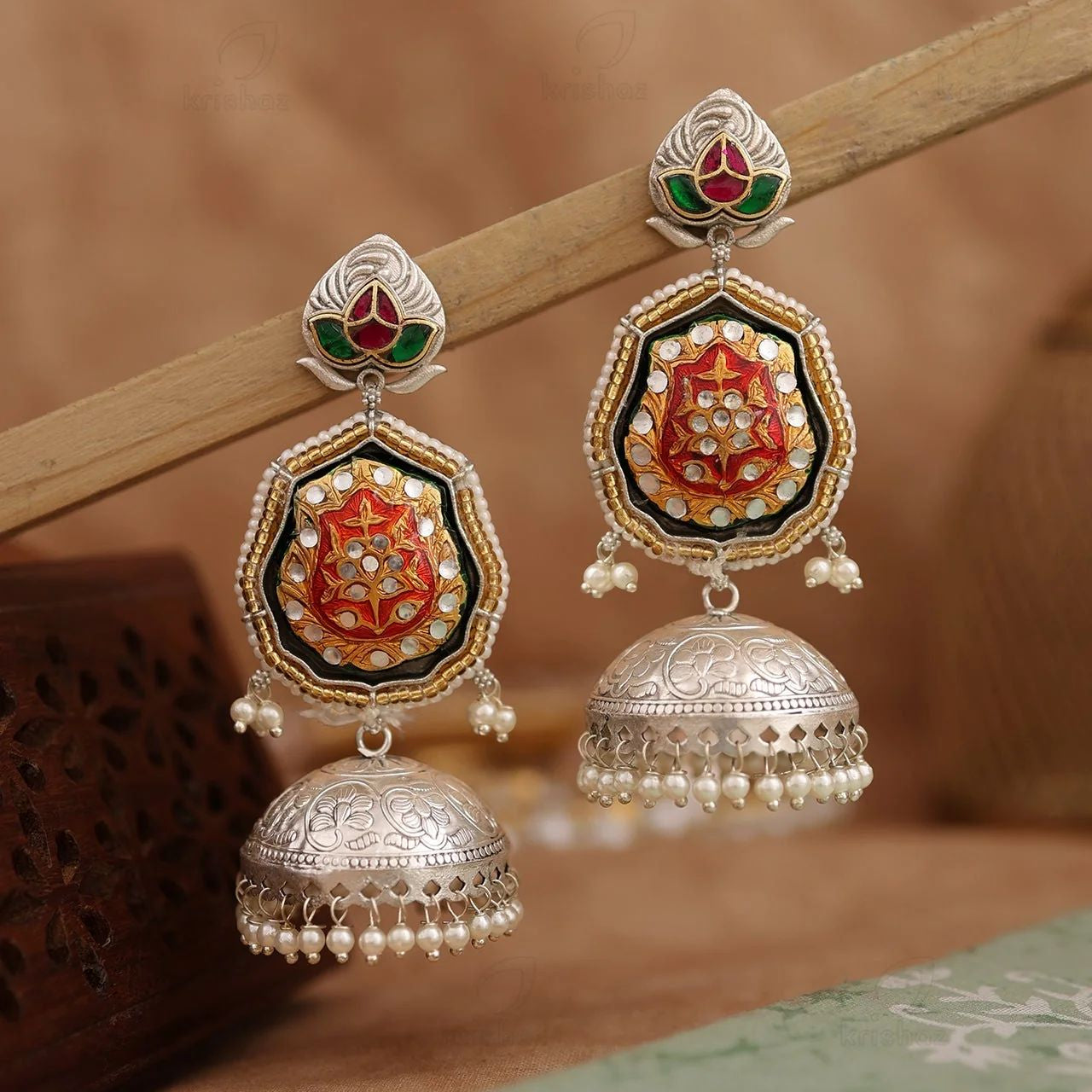 Silver Oxidized Meenakari Kundan Jhumka Earrings with Pearl Drops
