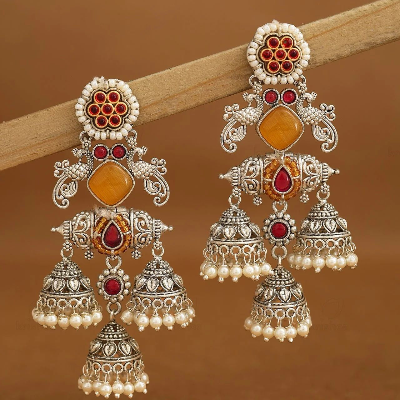 Oxidized Silver Multi Jhumka Earrings with Red & Amber Stones and Pearl Drops