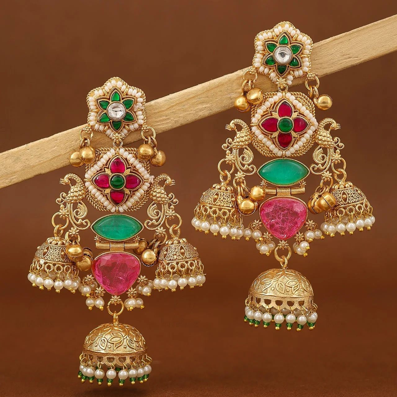 Gold Plated Temple Jhumka Earrings with Green & Pink Stones and Pearl Drops