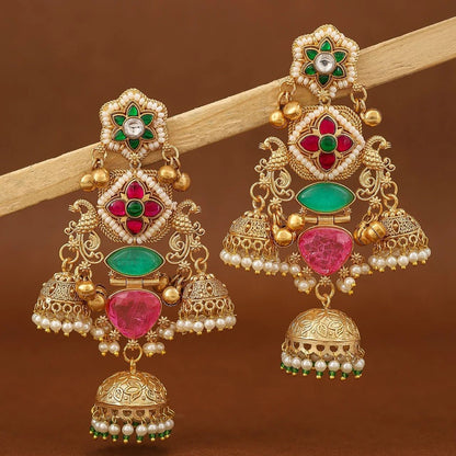 Gold Plated Temple Jhumka Earrings with Green & Pink Stones and Pearl Drops