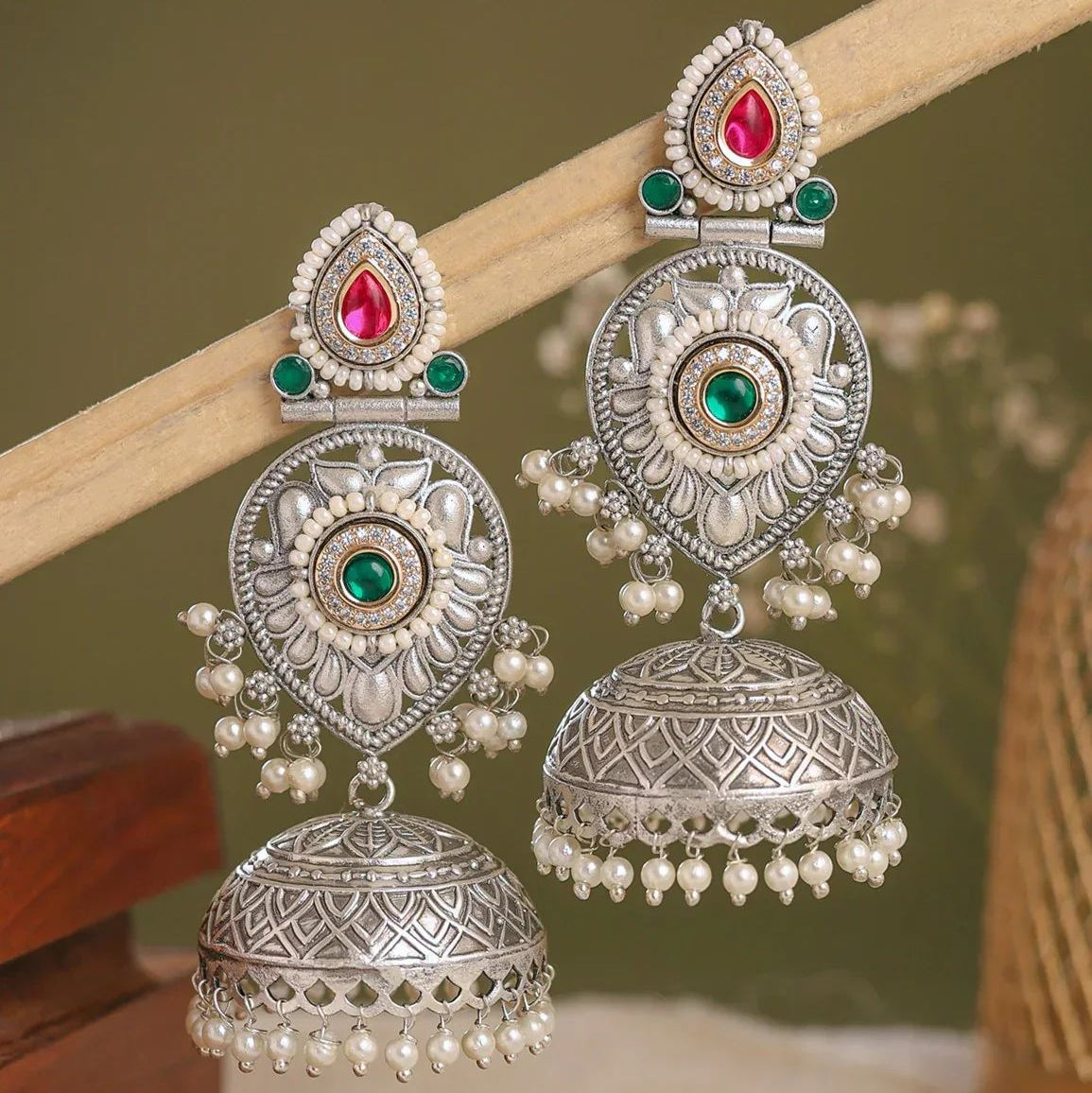 Silver Oxidised Pink & Green Stone Jhumka Earrings with Pearl Drops