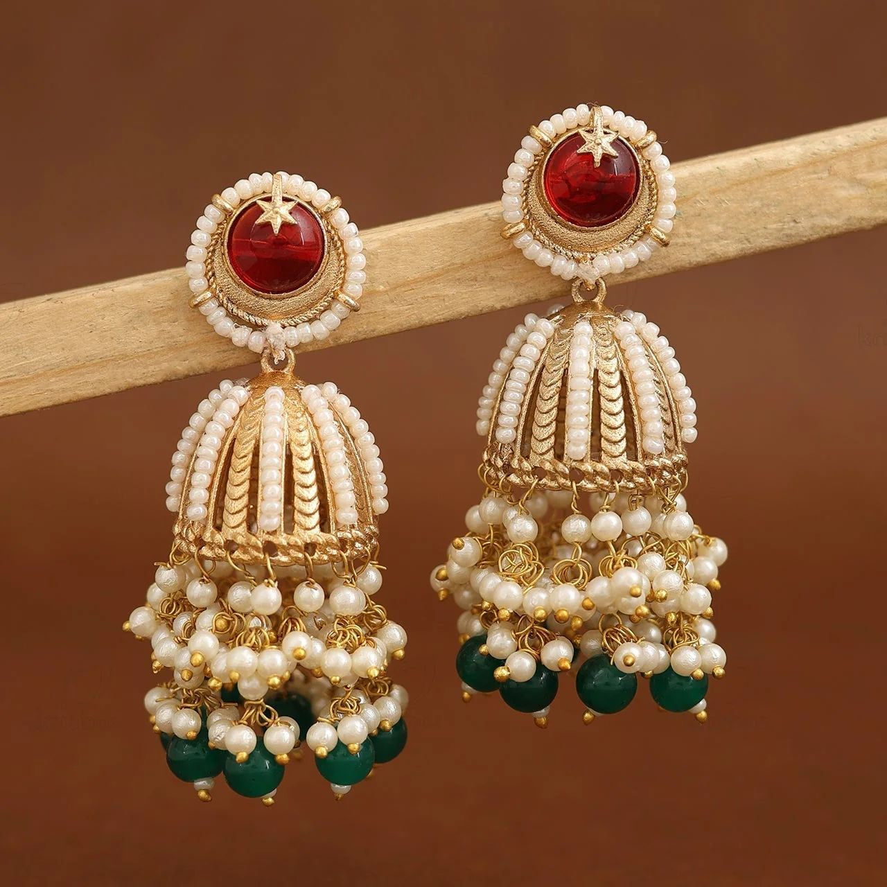 Gold Finish Red Stone Jhumka