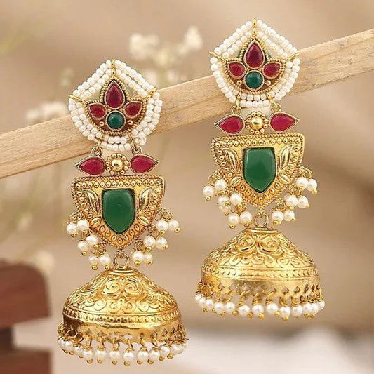 Emerald Green & Ruby Gold Pearl Drops Jhumka