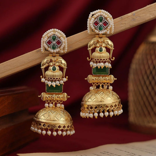 Emerald Green & Ruby Gold Finish Jhumka
