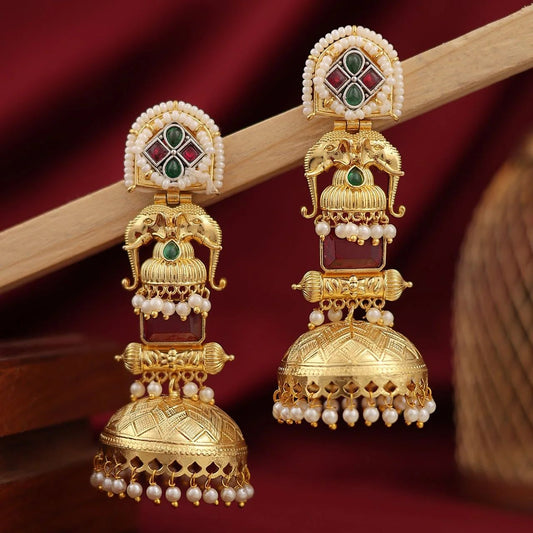Ruby & Emerald Gold Finish Jhumka