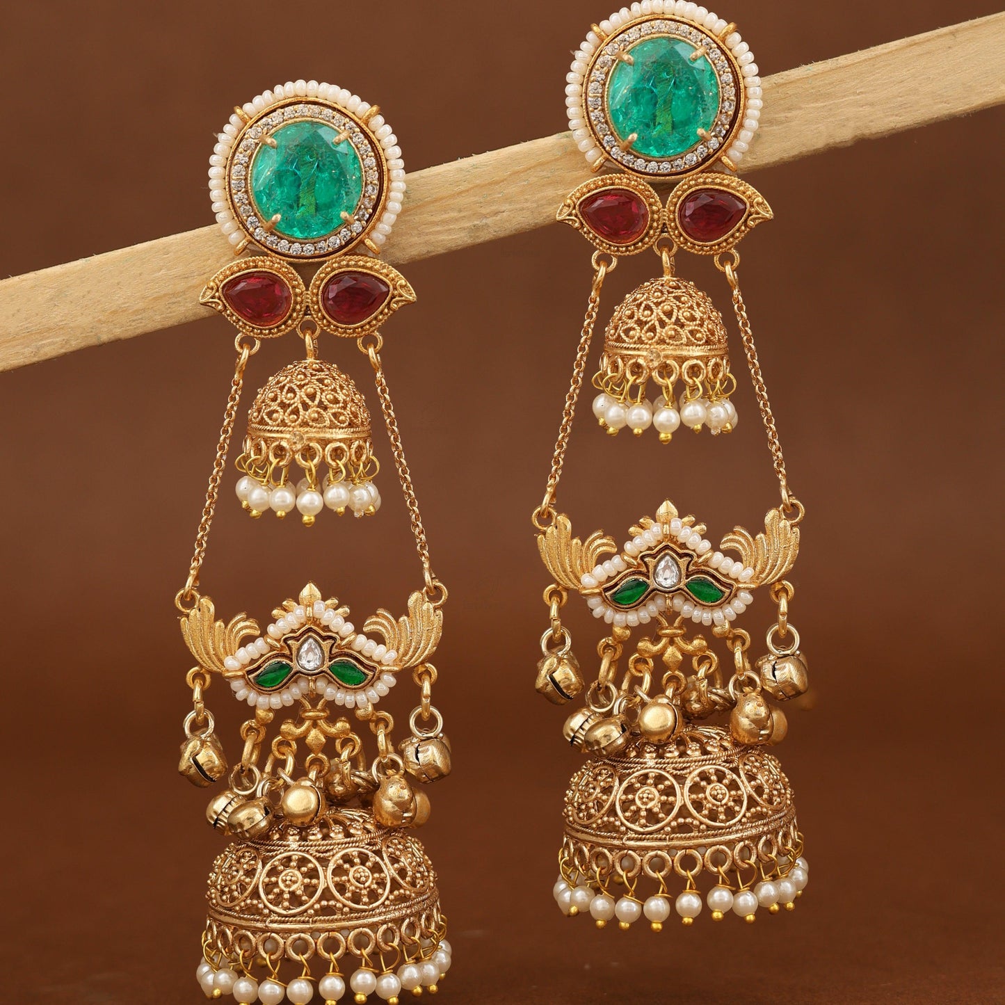 Royal Emerald & Ruby Pearl Jhumka Earrings