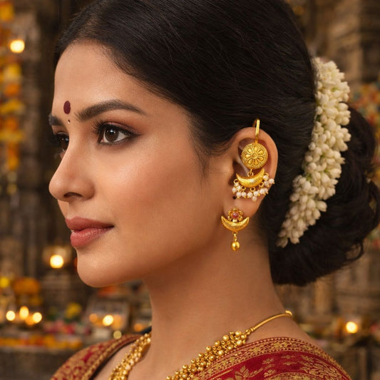 Traditional Gold Crescent Temple Earrings