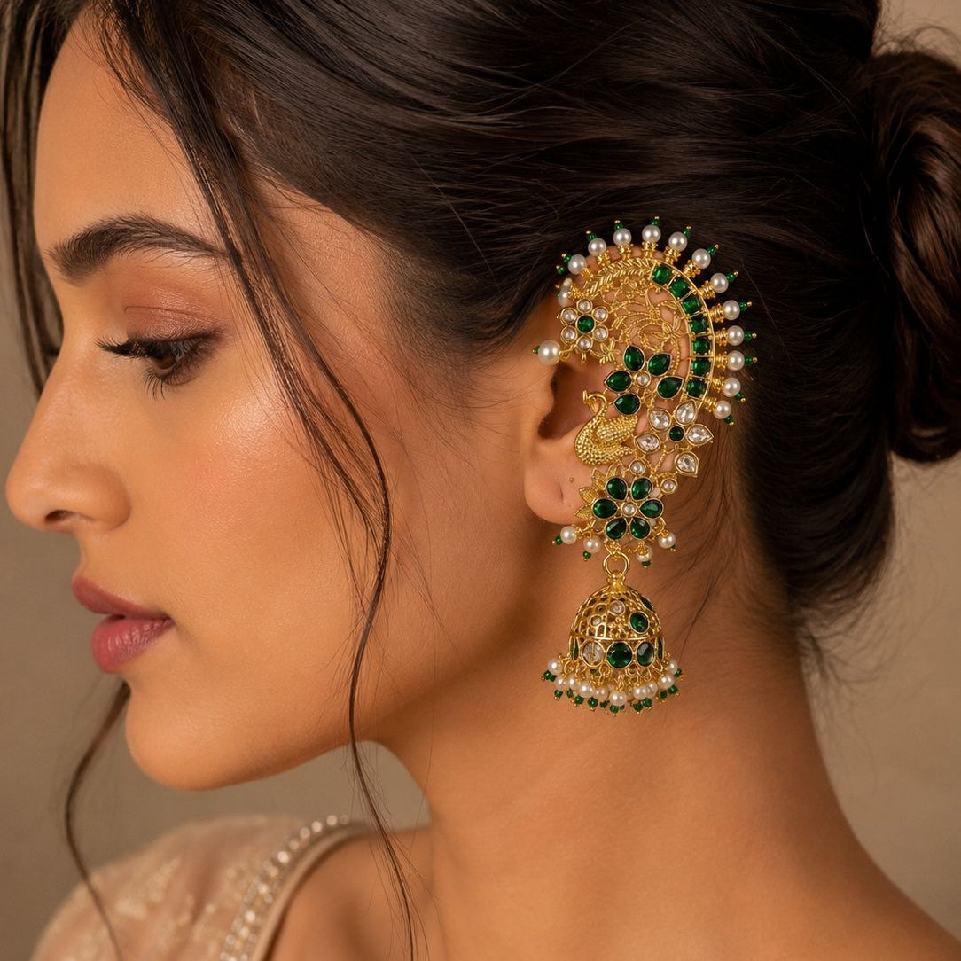 Emerald Peacock Ear Cuff Jhumka Earrings