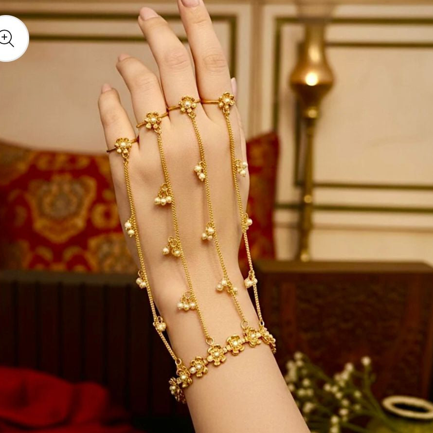 Golden Pearl Hathphool Hand Harness Bracelet (single hand)