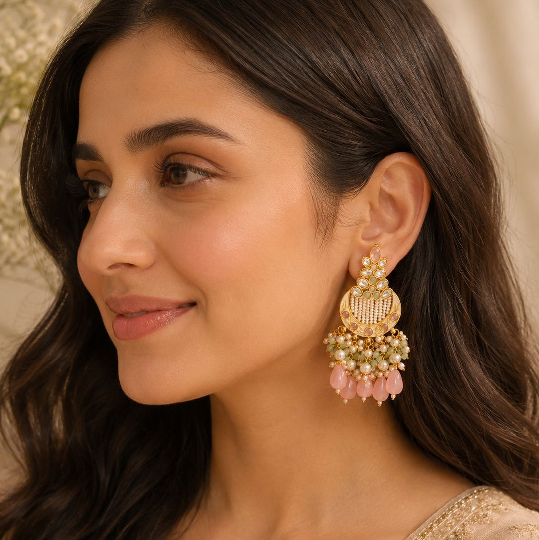 Blush Pearl Chandbali Tassel Earrings